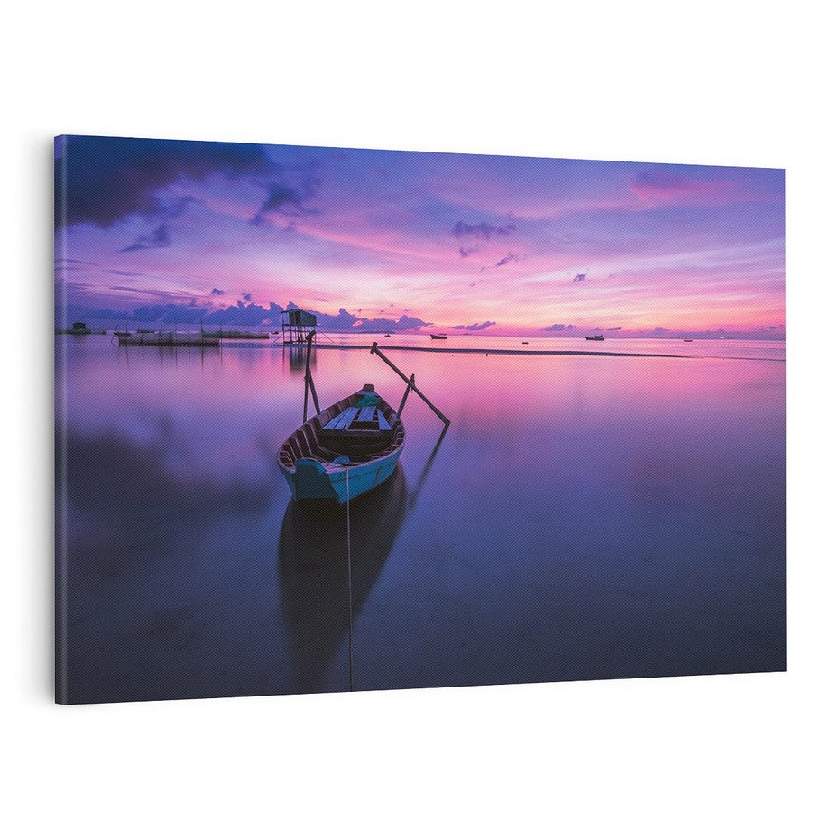 Obraz na płótnie 120x80 - Łódka i zachód słońca nad morzem - łódka, morze