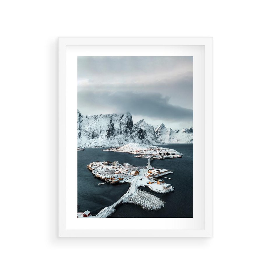 Plakat w ramie 30x40 - Ciepło i Urok Północy - skandynawskie, domki - rama biała