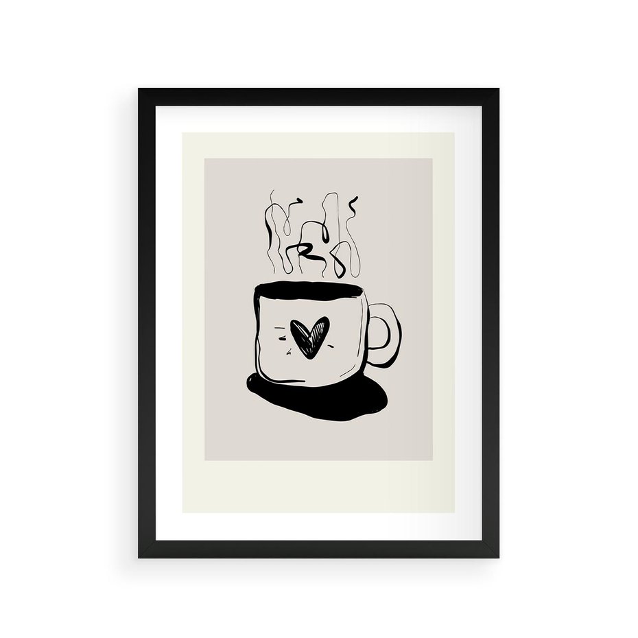 Plakat w ramie 30x40 - Grafika Kubka w Czerni i Bieli - kubek, grafika - rama czarna