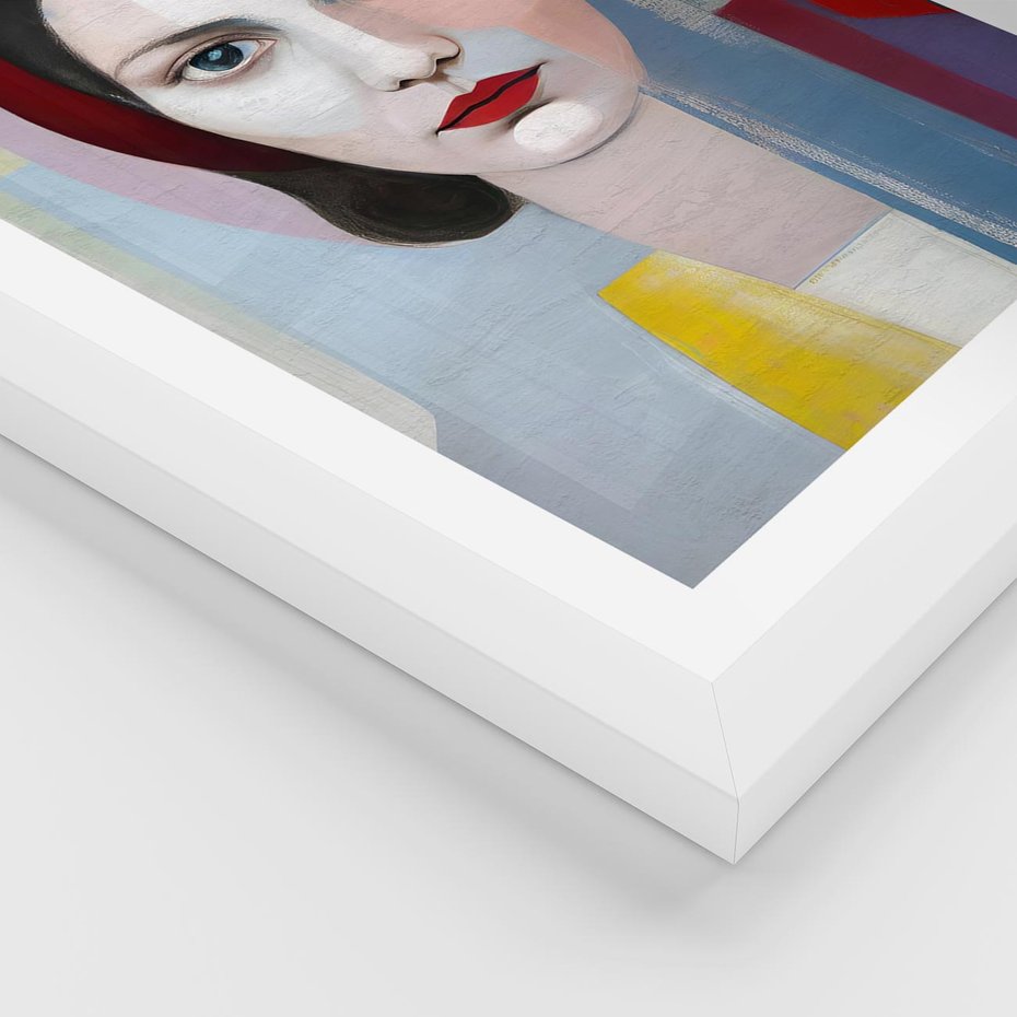 Plakat w ramie 30x40 - Kolorowe Granice Form - abstrakcyjny obraz olejny, portret twarzy kobiety - rama biała