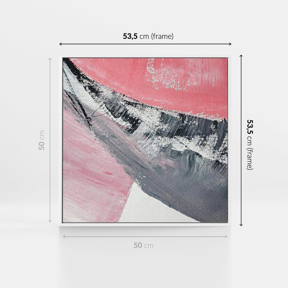 Obraz w ramie 50x50 - Kontrastujący Ruch Emocji - abstrakcyjne pasy farby, kolory róż szary czarny - rama biała