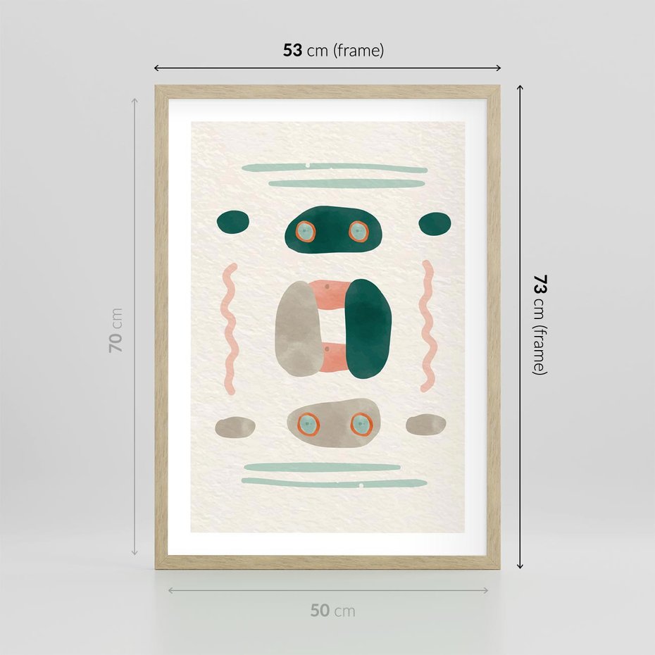 Plakat w ramie 50x70 - Tańczące Kształty Natury - przypadkowe abstrakcyjne wzory, pomarańczowy i zielony - rama drewno