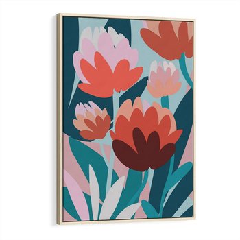 Obraz w ramie 70x100 - Symfonia Kwiatów - abstrakcyjna kompozycja kwiatowych form, kolor zgaszone - rama drewno