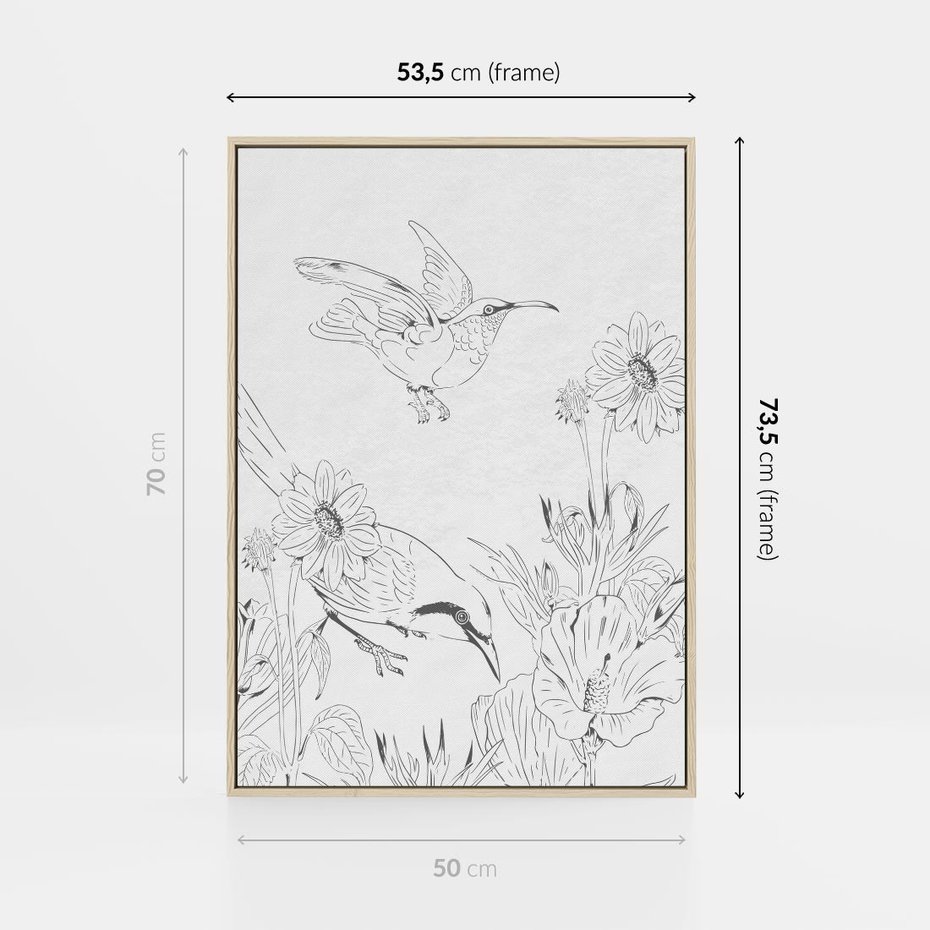 Obraz w ramie 50x70 - Tropiki w Monochromie - czarno biały szkic, tropikalne ptaki - rama drewno
