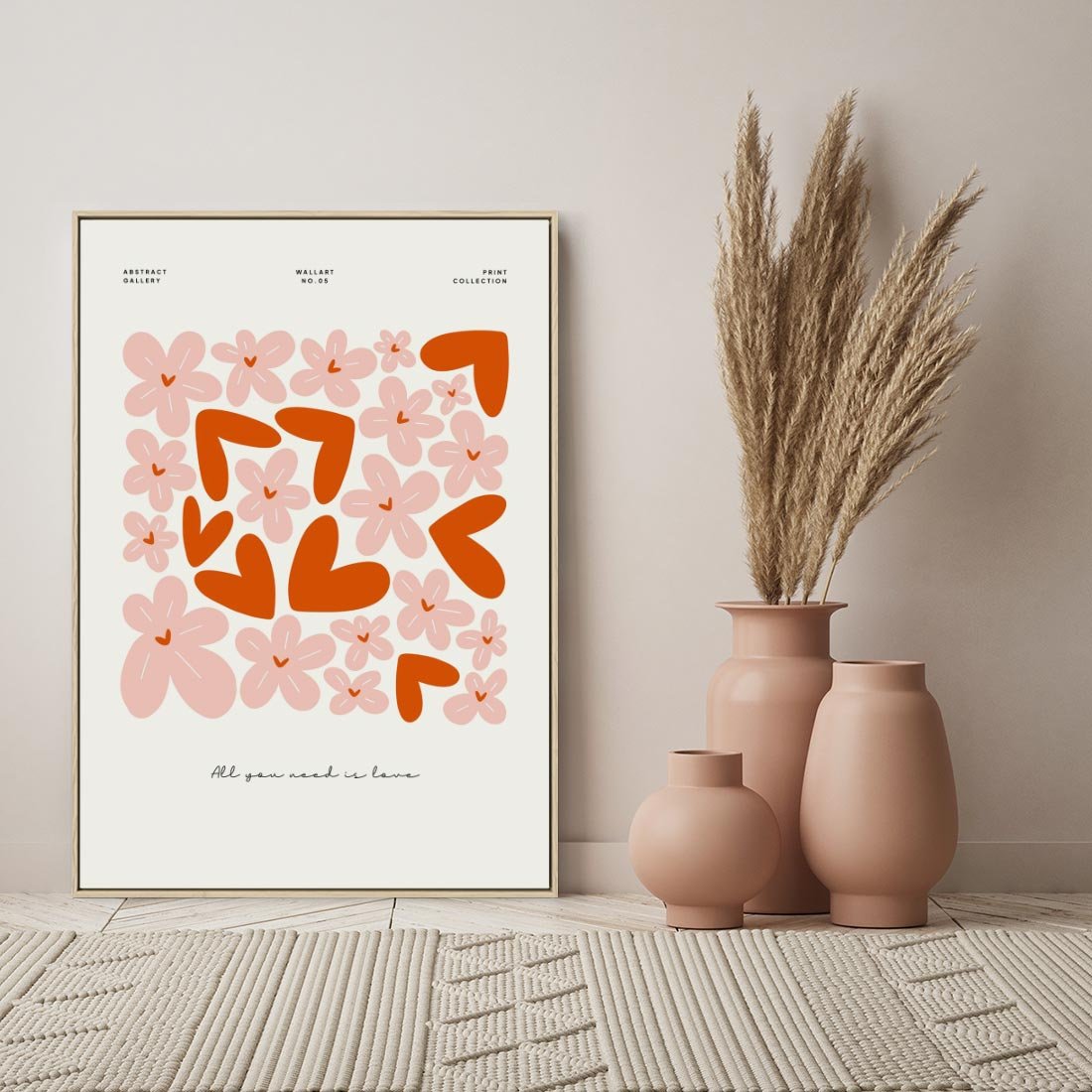 Obraz w ramie 70x100 - Miłość w Kompozycji - grafika, kompozycja kwiaty i serca - rama drewno