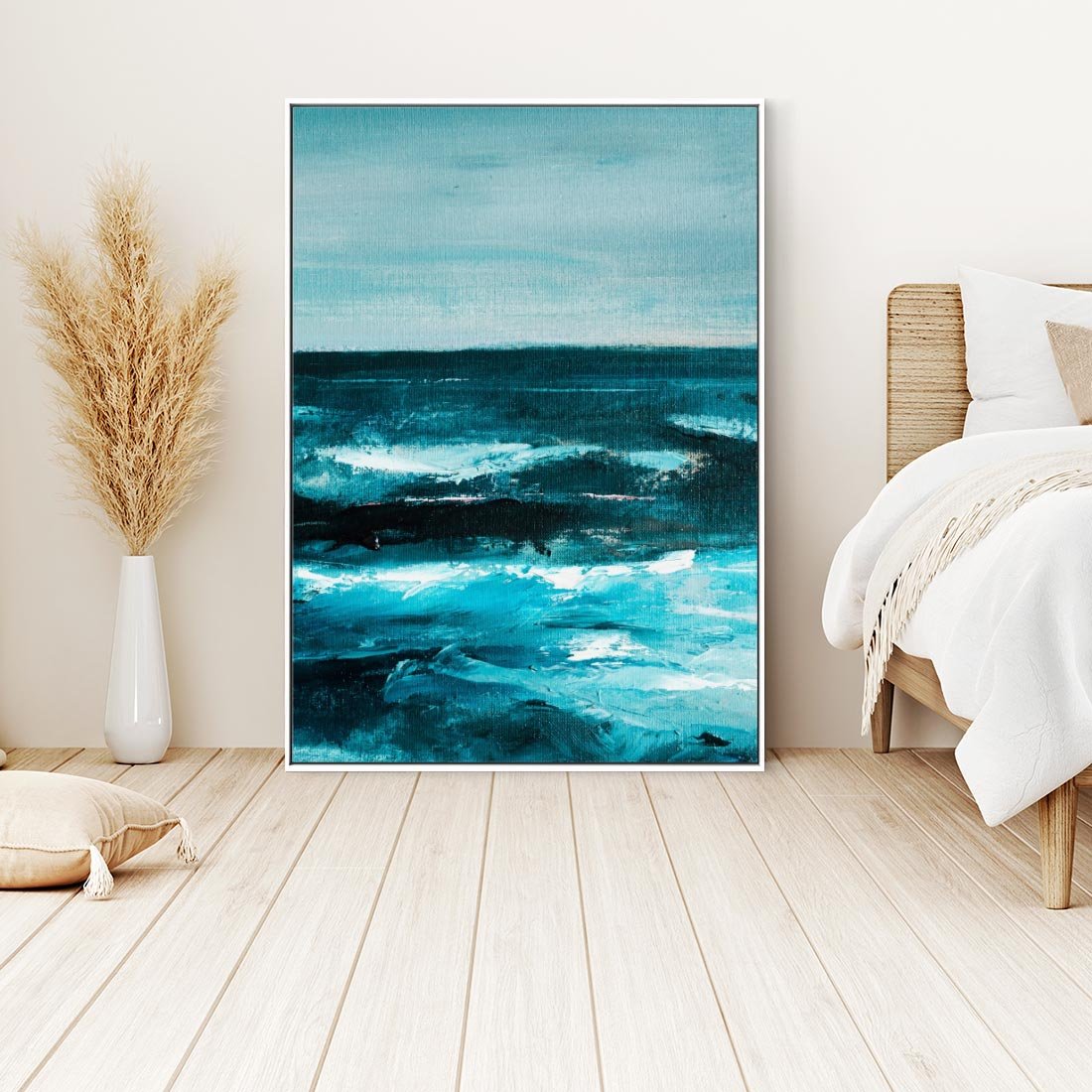 Obraz w ramie 80x120 - Burza Nad Granatowym Oceanem - piękny marynistyczny obraz olejny, wzburzone ciemne morze - rama biała