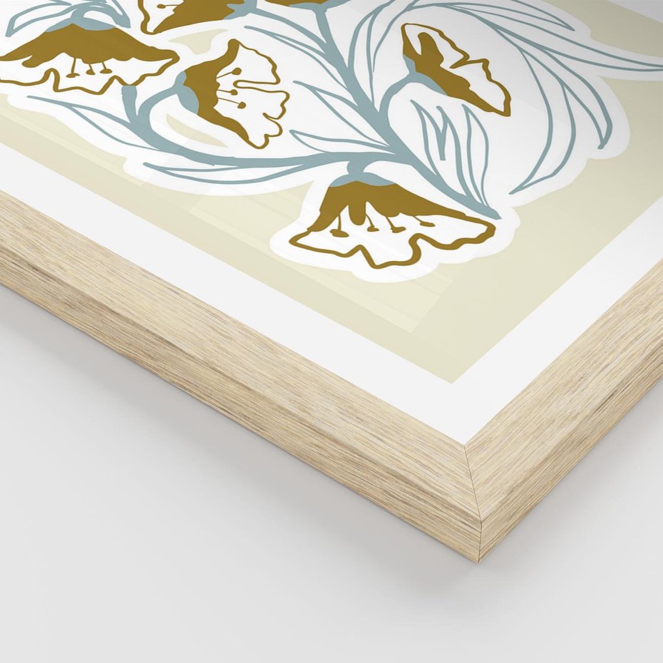 Plakat w ramie 50x70 - Wibracje Widzenia - abstrakcyjne beżowe kwiaty, elegancka kompozycja - rama drewno