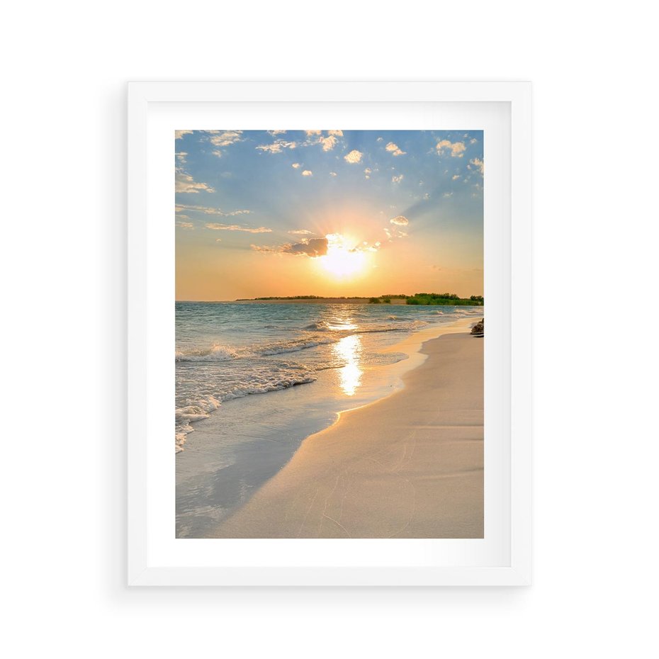 Plakat w ramie 40x50 - Zachód słońca na plaży - plaża, zachód - rama biała