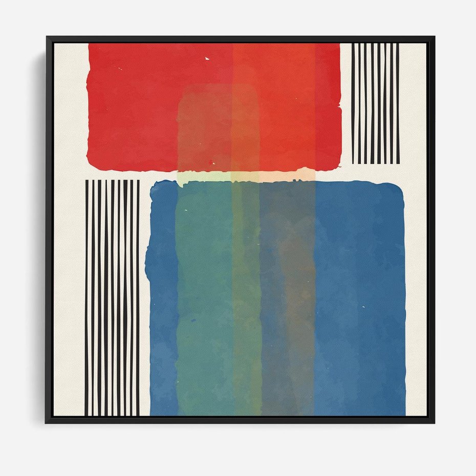 Obraz w ramie 50x50 - Kolorowe Spektrum - kolorowa geometria, prostokąty w intensywnych kształtach i czarne kreski - rama czarna