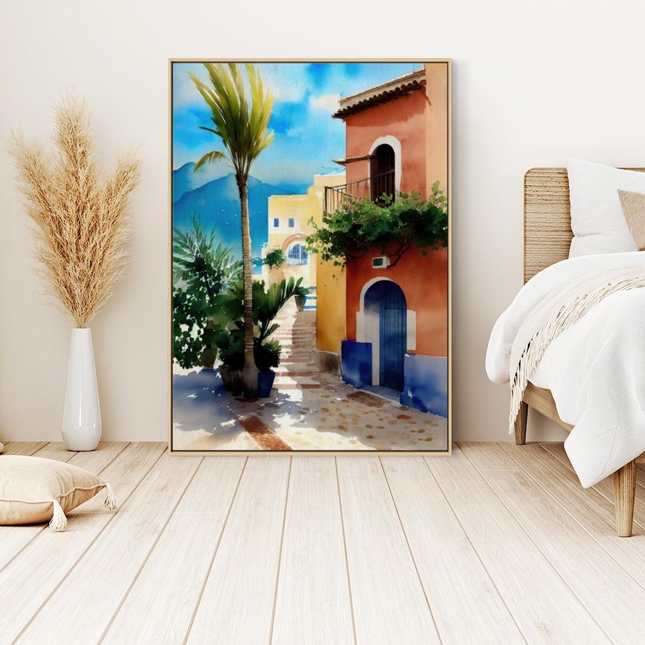 Obraz w ramie 70x100 - Spokój Miasta nad Morzem - akwarela, sródziemnomorski klimat - rama drewno