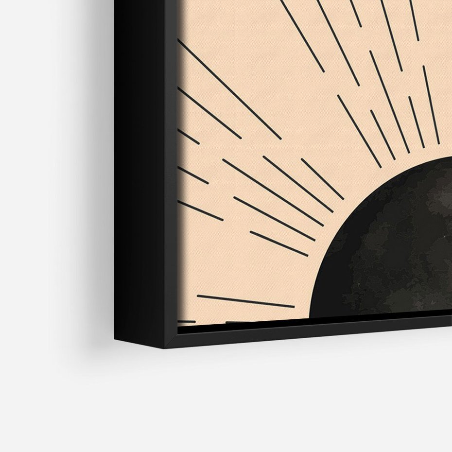 Obraz w ramie 50x70 - Migocące Kształty Promieni - boho czarne słońce, nowoczesna grafika - rama czarna