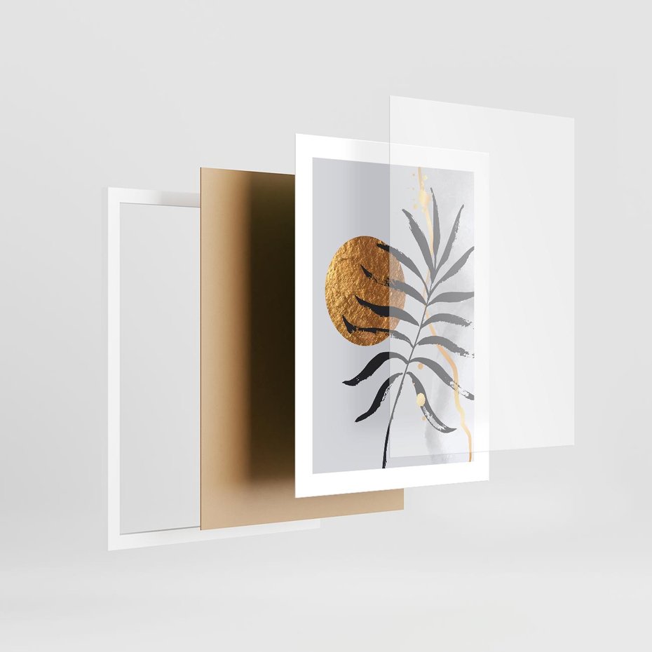 Plakat w ramie 30x40 - Grafika z Czarnym Liściem Palmy - czarny liść palmy, złóte kołó - rama biała