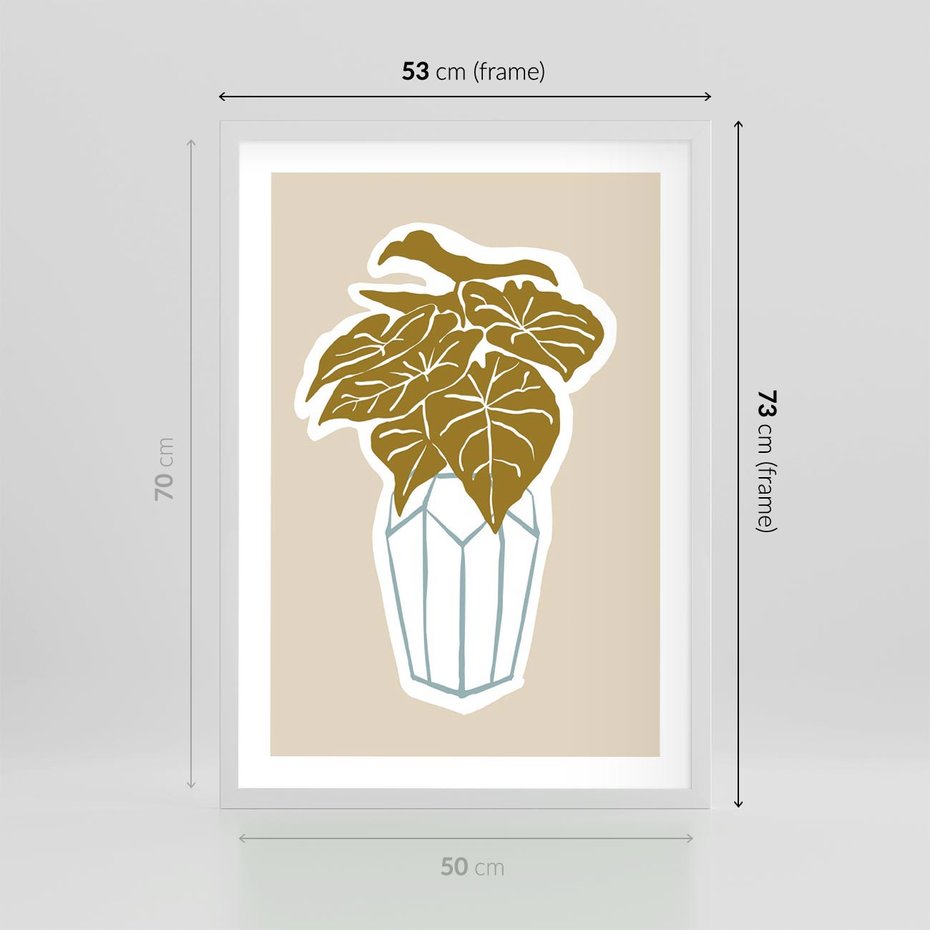 Plakat w ramie 50x70 - Bezgraniczne Marzenia - nowoczesna kompozycja, liście monstery w wazonie - rama biała