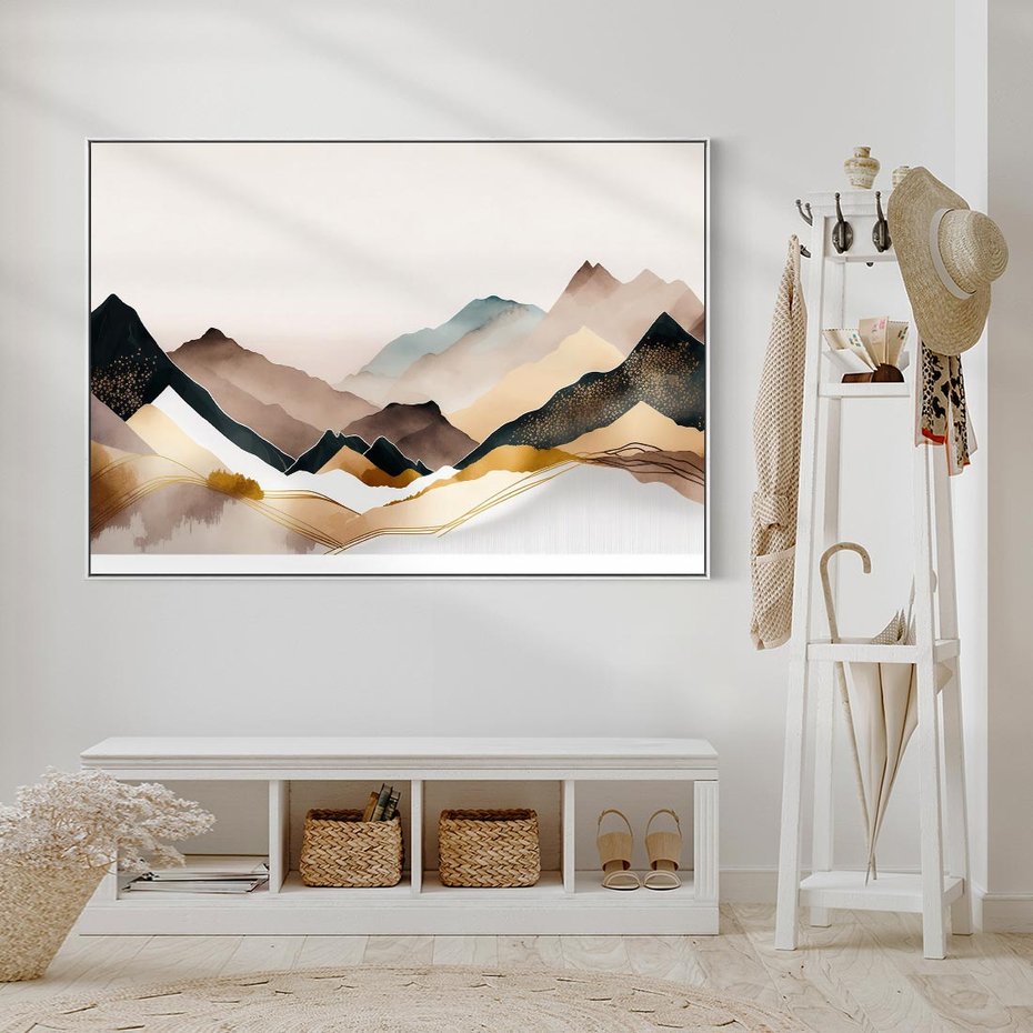 Obraz w ramie 70x50 - Góry Tonące w Pastelach - złote pastelowe góry, akwarela - rama biała