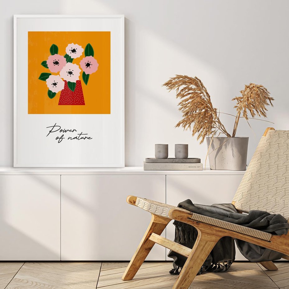 Plakat w ramie 50x70 - Abstrakcyjna Kreska - kwiaty w wazonie, abstrakcja - rama biała