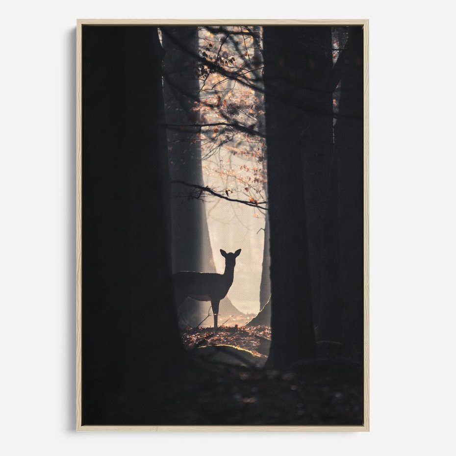 Obraz w ramie 80x120 - Sarnie Skoki - zdjęcie, klimatyczny las - rama drewno