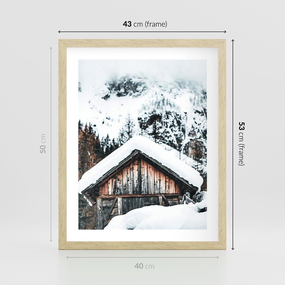 Plakat w ramie 40x50 - Domek w Górach w Białym Odcieniu - zima, domek w górach - rama drewno