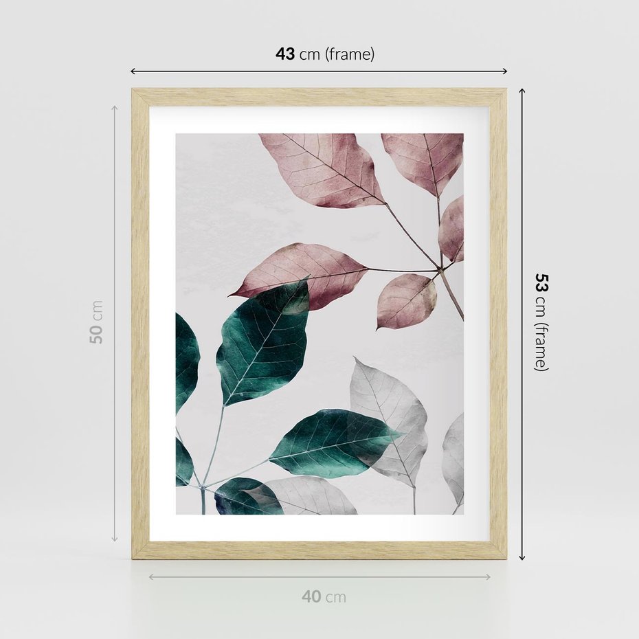 Plakat w ramie 40x50 - Pastelowe Liście w Minimalizmie - pastelowe liście, minimalistyczny obraz - rama drewno