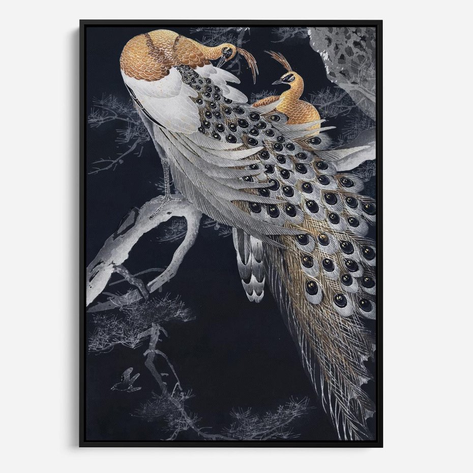 Obraz w ramie 50x70 - Japońskie Pawie - japońska grafika, pawie - rama czarna