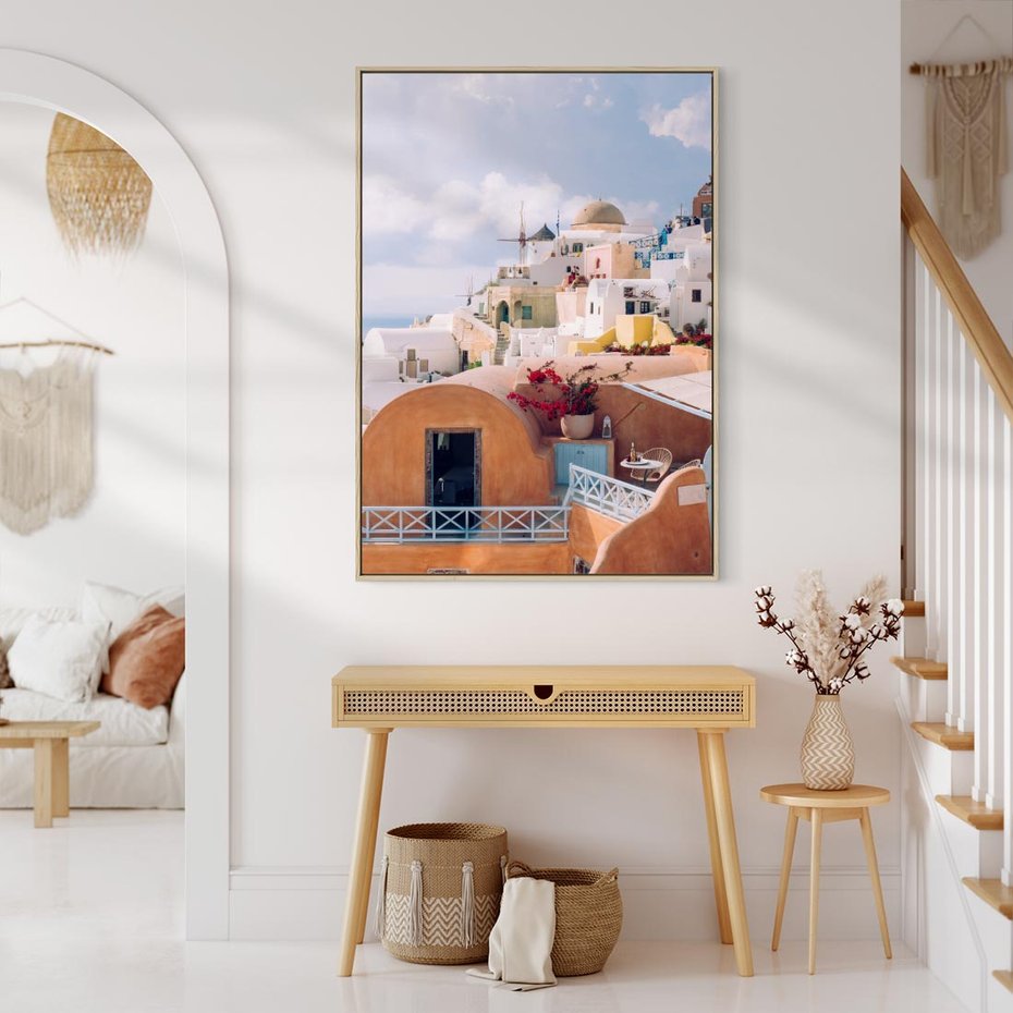 Obraz w ramie 70x100 - Błękit Morza i Białe Domki - Santorini, wyspa - rama drewno