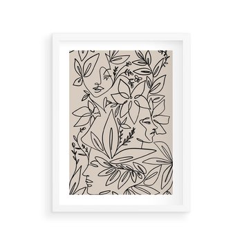 Plakat w ramie 40x50 - Kobiecy Portret Duszy - beżowe tło, czarny szkic nowoczesnych kwiatów - rama biała