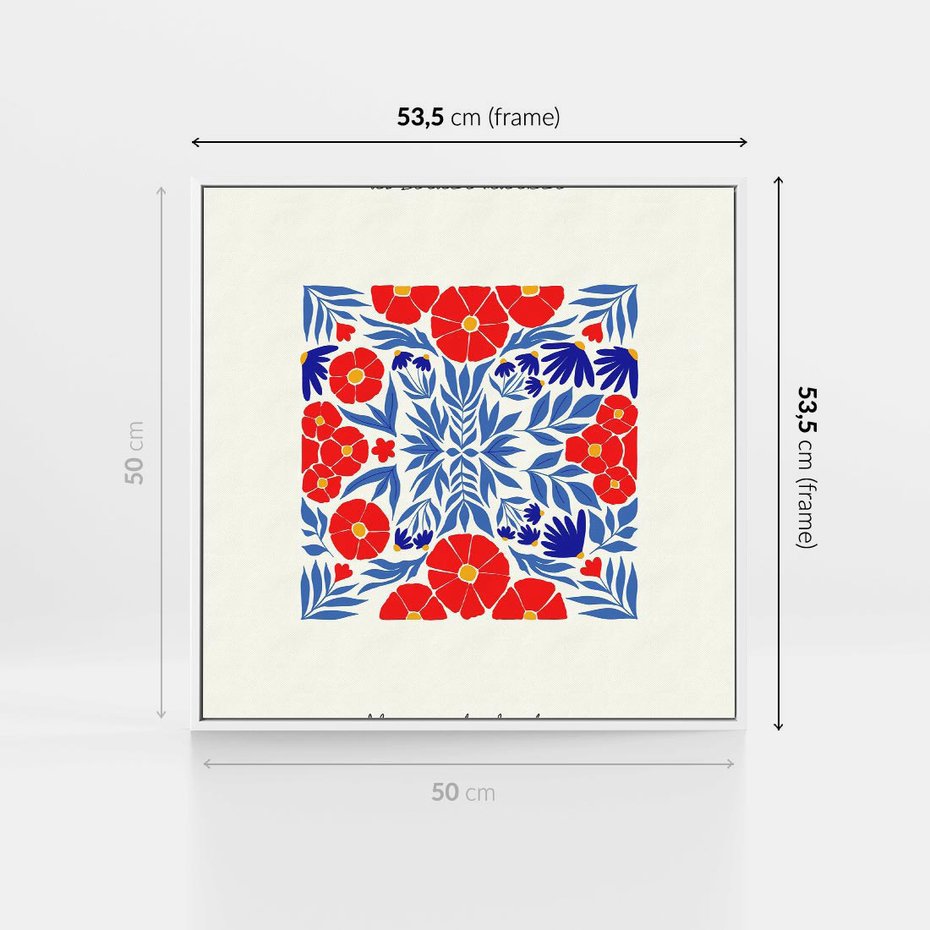 Obraz w ramie 50x50 - Tajemnicza Droga - nowoczesna kwiatowa kompozycja, czerwony i niebieski - rama biała