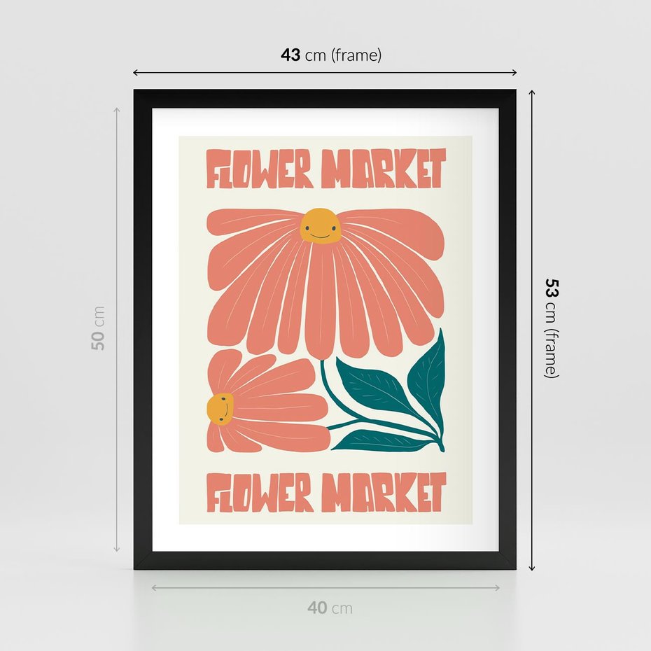 Plakat w ramie 40x50 - Retro Radość - typografia, wesołe kwiaty - rama czarna