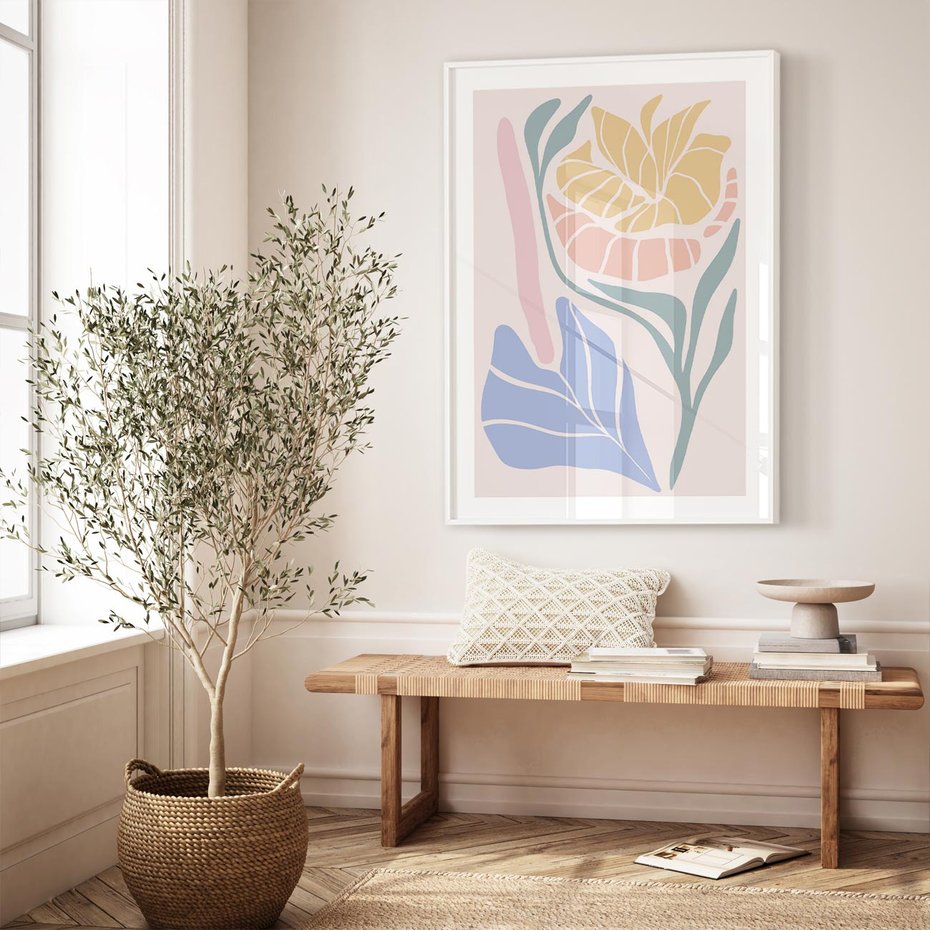 Plakat bez ramy 21x30 - Wyjątkowe Ukojenie - pastelowe kwiaty, na beżowym tle