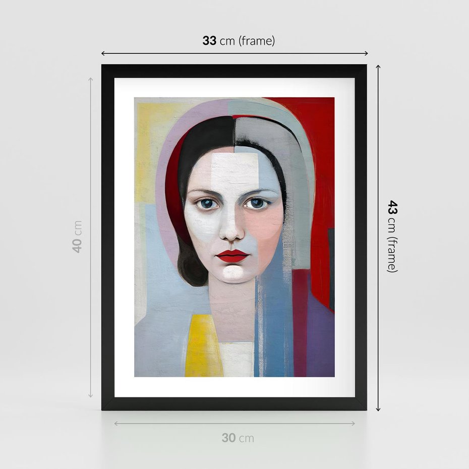 Plakat w ramie 30x40 - Kolorowe Granice Form - abstrakcyjny obraz olejny, portret twarzy kobiety - rama czarna