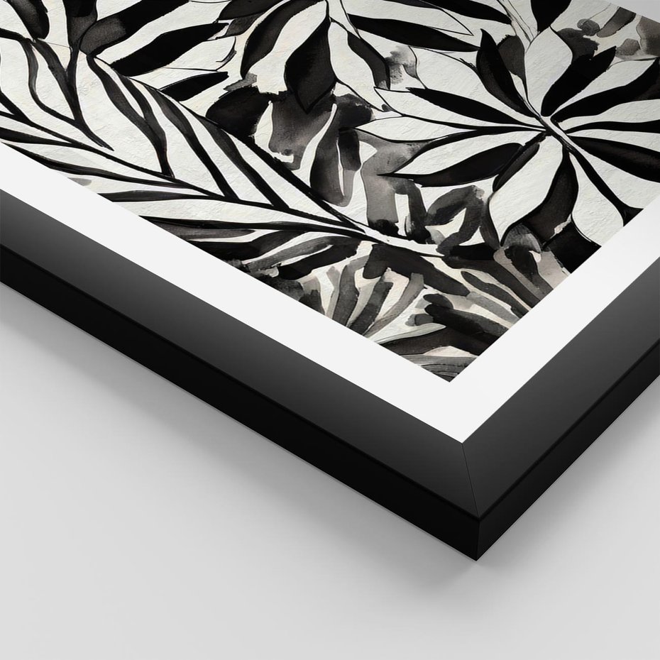 Plakat w ramie 30x40 - Czarne Liście - akwarelowy obraz, czarno biały - rama czarna