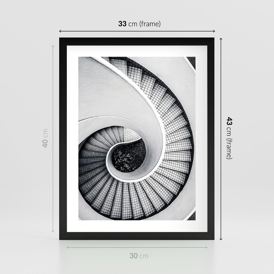 Plakat w ramie 30x40 - Nowoczesne Schody: Kręcone Piękno - nowoczesna architektura, kręcone schody - rama czarna
