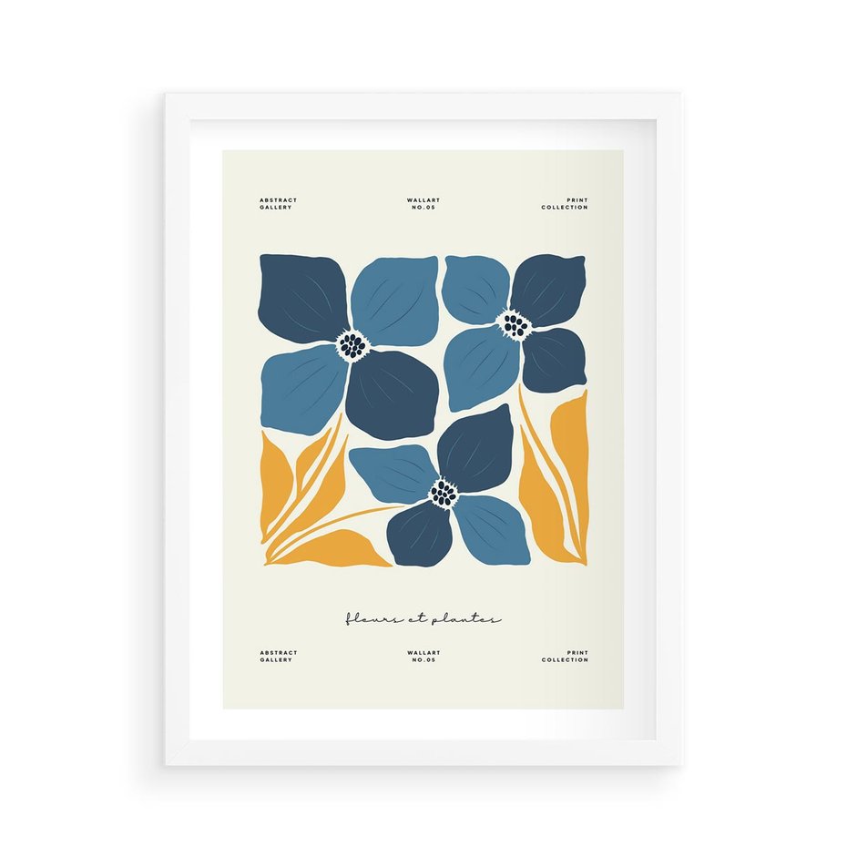 Plakat w ramie 50x70 - Błękitne Nowości - niebieskie kwiaty, nowoczesna sztuka - rama biała