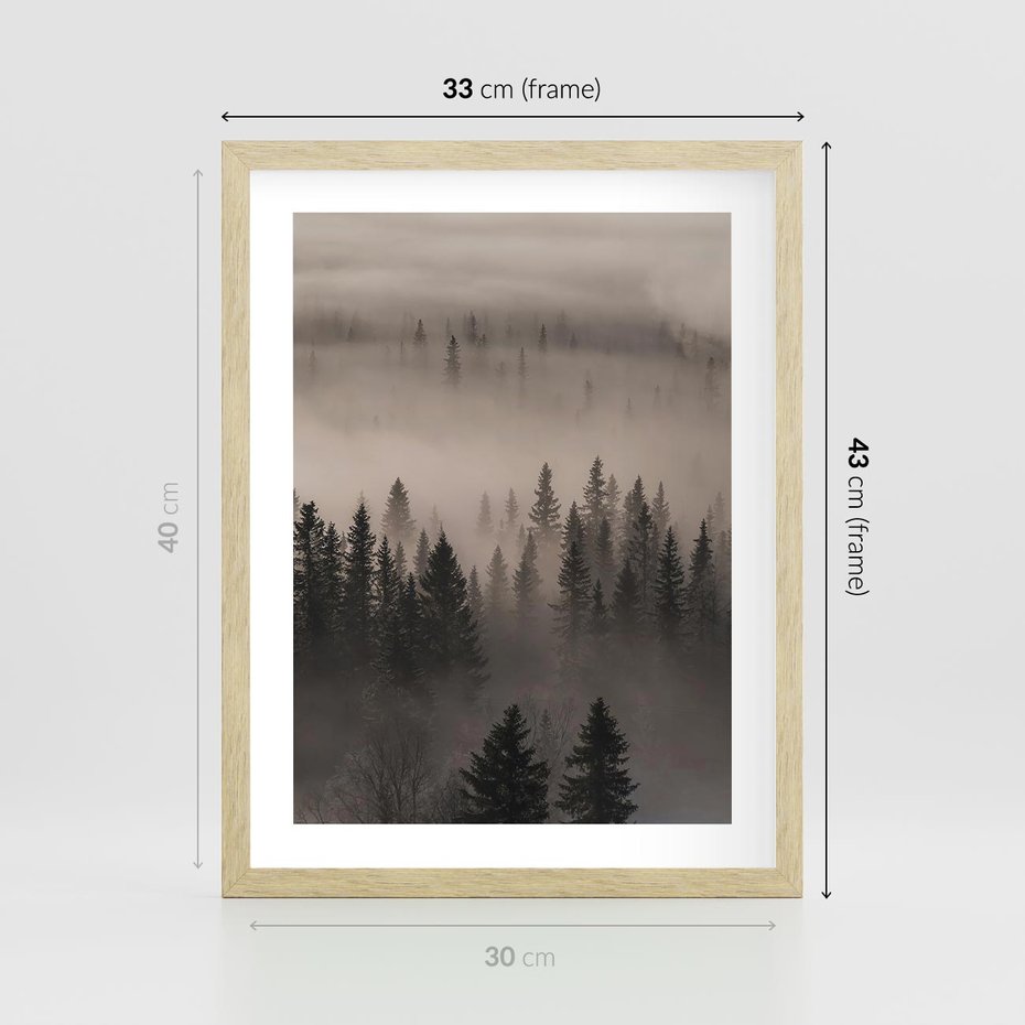 Plakat w ramie 30x40 - Mglista Opowieść Lasu - las, mgła - rama drewno