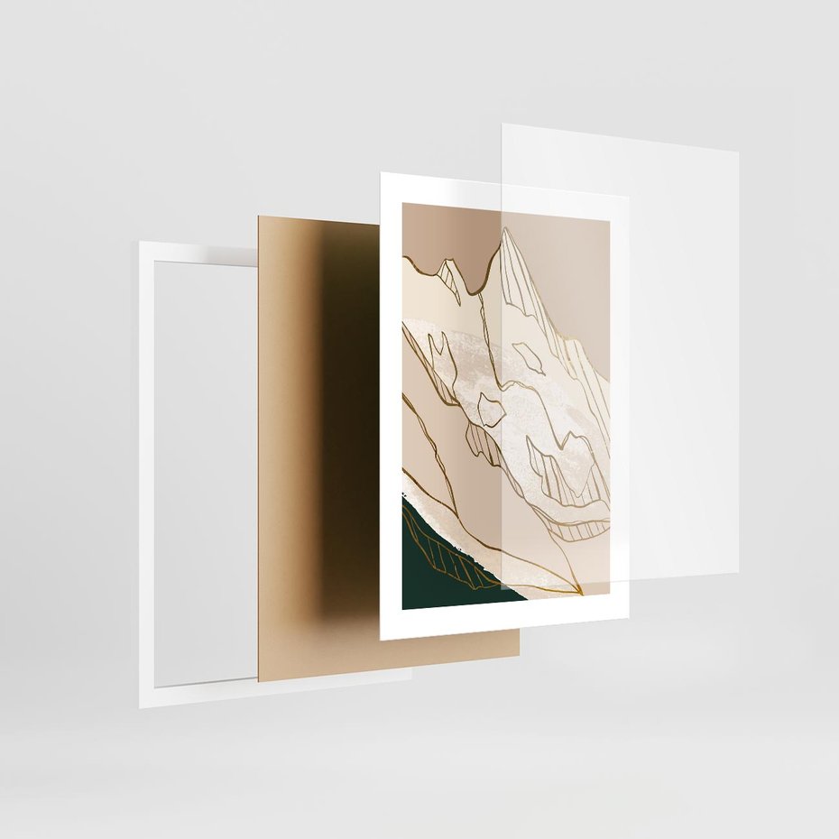 Plakat w ramie 30x40 - Góry w Złocie i Minimalizmie - grafika, złote góry - rama biała