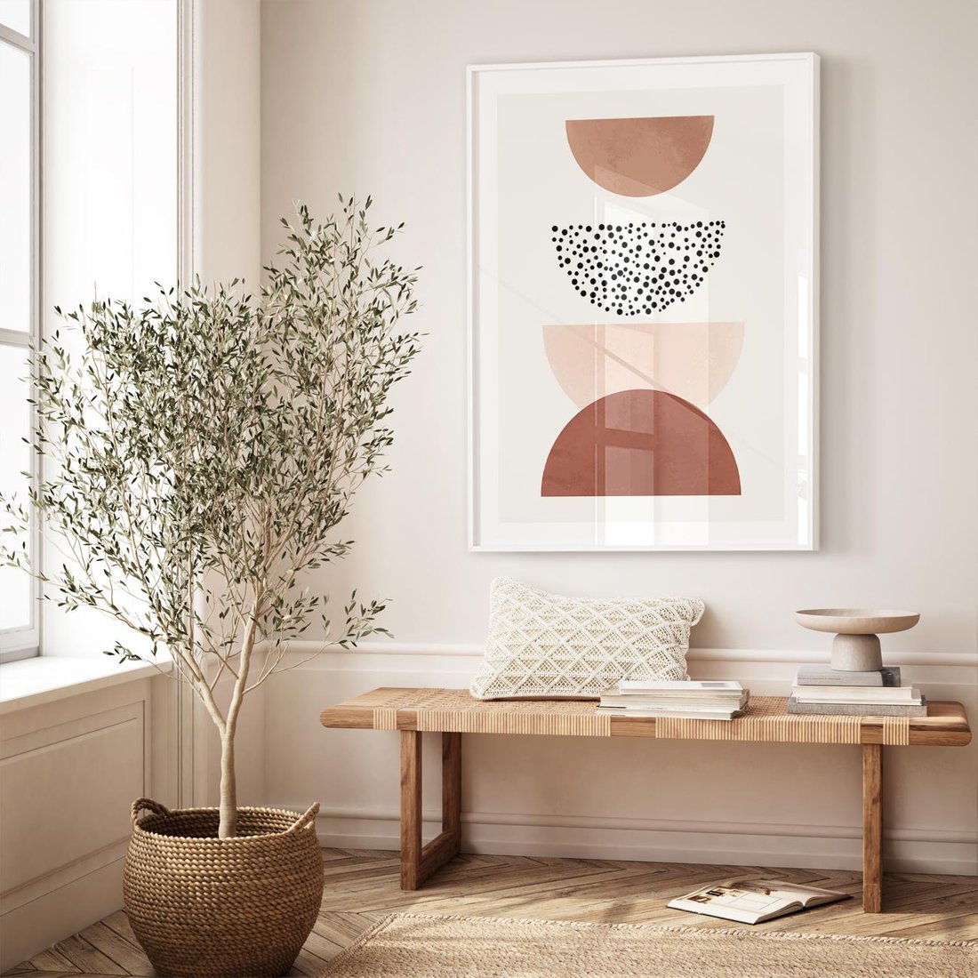 Plakat w ramie 50x70 - Geometryczna Harmonia w Brązach i Beżach - geometryczne kształty, brązy i beże - rama biała