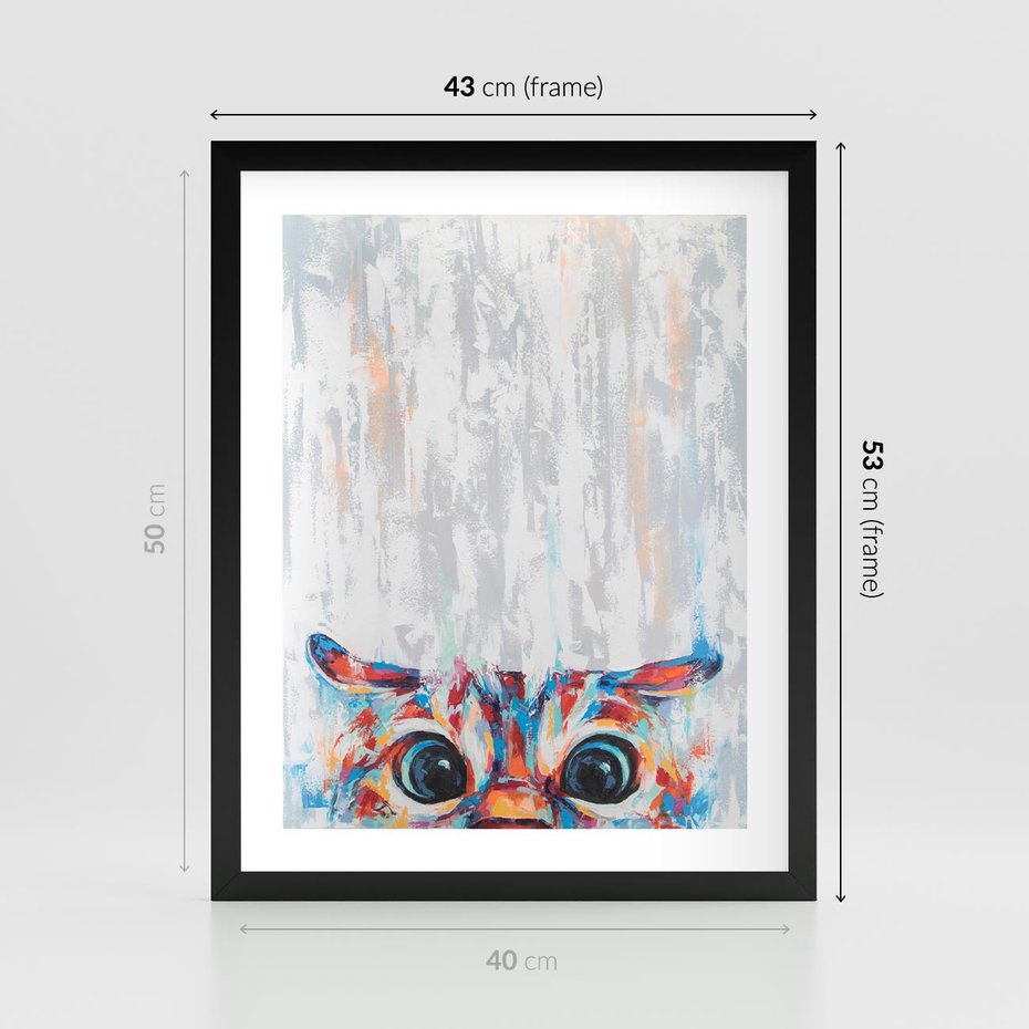 Plakat w ramie 40x50 - Co ja Widzę - obraz olejny, śmieszny obraz kota - rama czarna