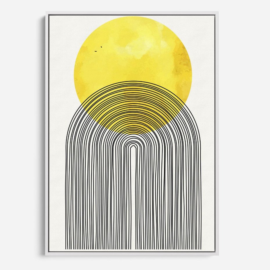 Obraz w ramie 70x100 - Słoneczne Odbicia - geometria, żółte koło - rama biała