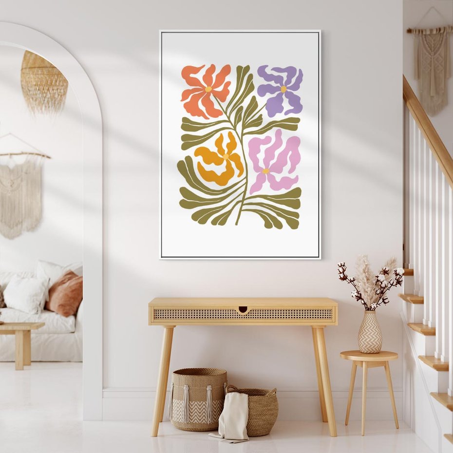 Obraz w ramie 70x100 - Rozplątane Wizje - abstrakcyjne kolorowe kwiaty, minimlizm - rama biała