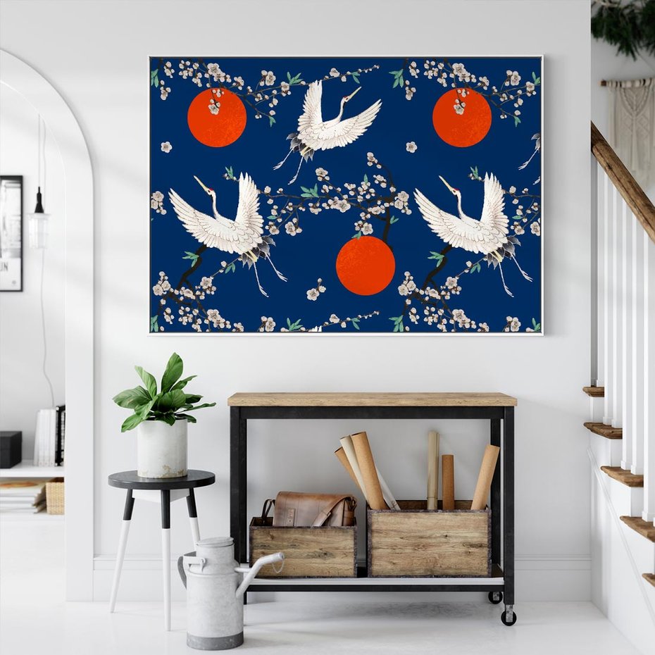 Obraz w ramie 120x80 - Japońskie Żurawie Indygo - sztuka japońska, japonia - rama biała