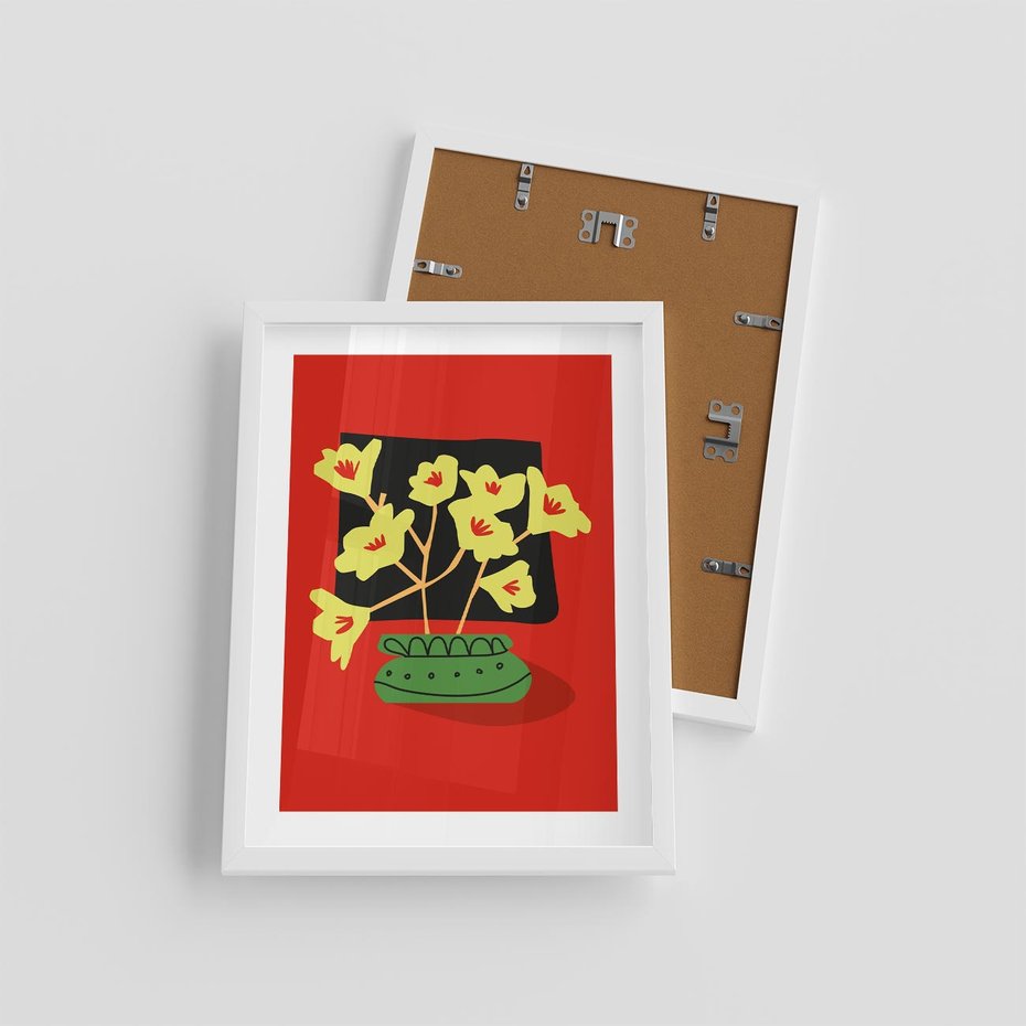 Plakat w ramie 30x40 - Abstrakcyjne Przenikanie - abstrakcyjne kwiaty, czerwone tło - rama biała