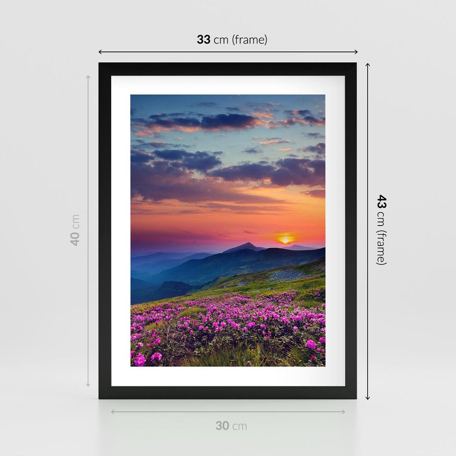 Plakat w ramie 30x40 - Górski Zachód - góry, łąka - rama czarna