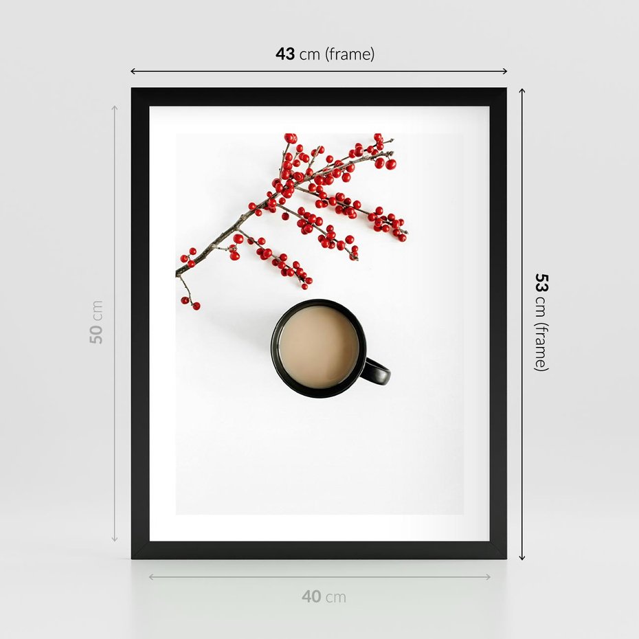 Plakat w ramie 40x50 - Filiżanka Kawy z Gałązką Jarzębiny - kawa, gałązka jarzębiny - rama czarna