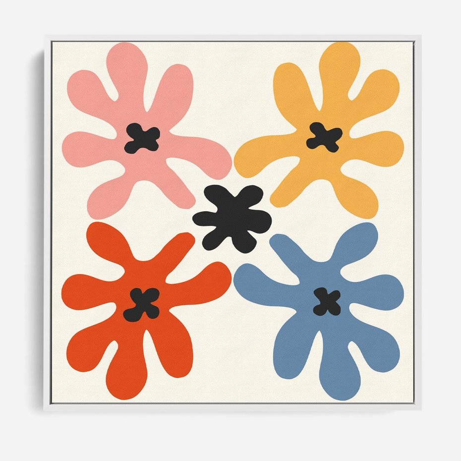 Obraz w ramie 50x50 - Taniec Akwareli - abstrakcyjne wielokolorowe kwiaty, minimalizm - rama biała