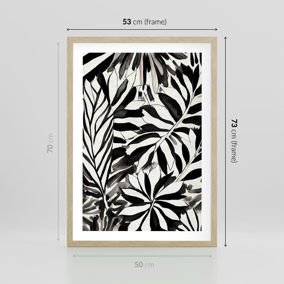 Plakat w ramie 50x70 - Czarne Liście - akwarelowy obraz, czarno biały - rama drewno