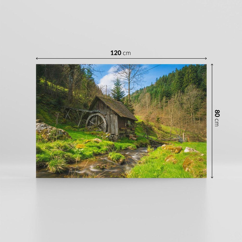 Obraz na płótnie 120x80 - Urok górskiego domku nad strumykiem - domek, góry