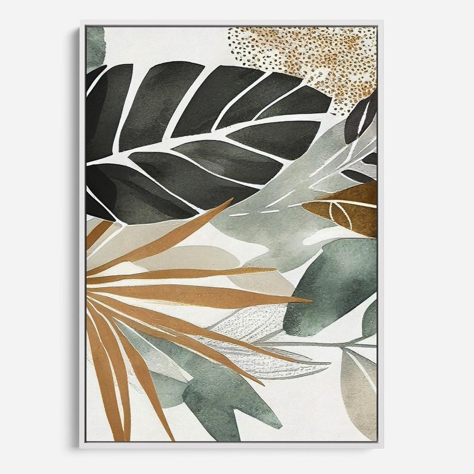 Obraz w ramie 70x100 - Współbrzmienie wewnętrznego ja - kompozycja z tropikalnych liści, stonowane kolory - rama biała