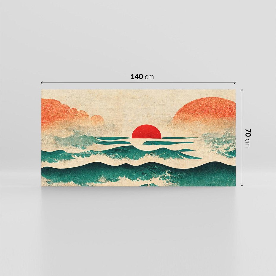 Obraz na płótnie 140x70 - Czerwone Melodie - japońska sztuka, zachód słońca nad oceanem