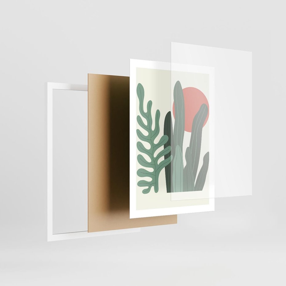 Plakat w ramie 50x70 - Graficzna Harmonia: Liście i Rośliny na Plakacie - liście, grafika - rama biała