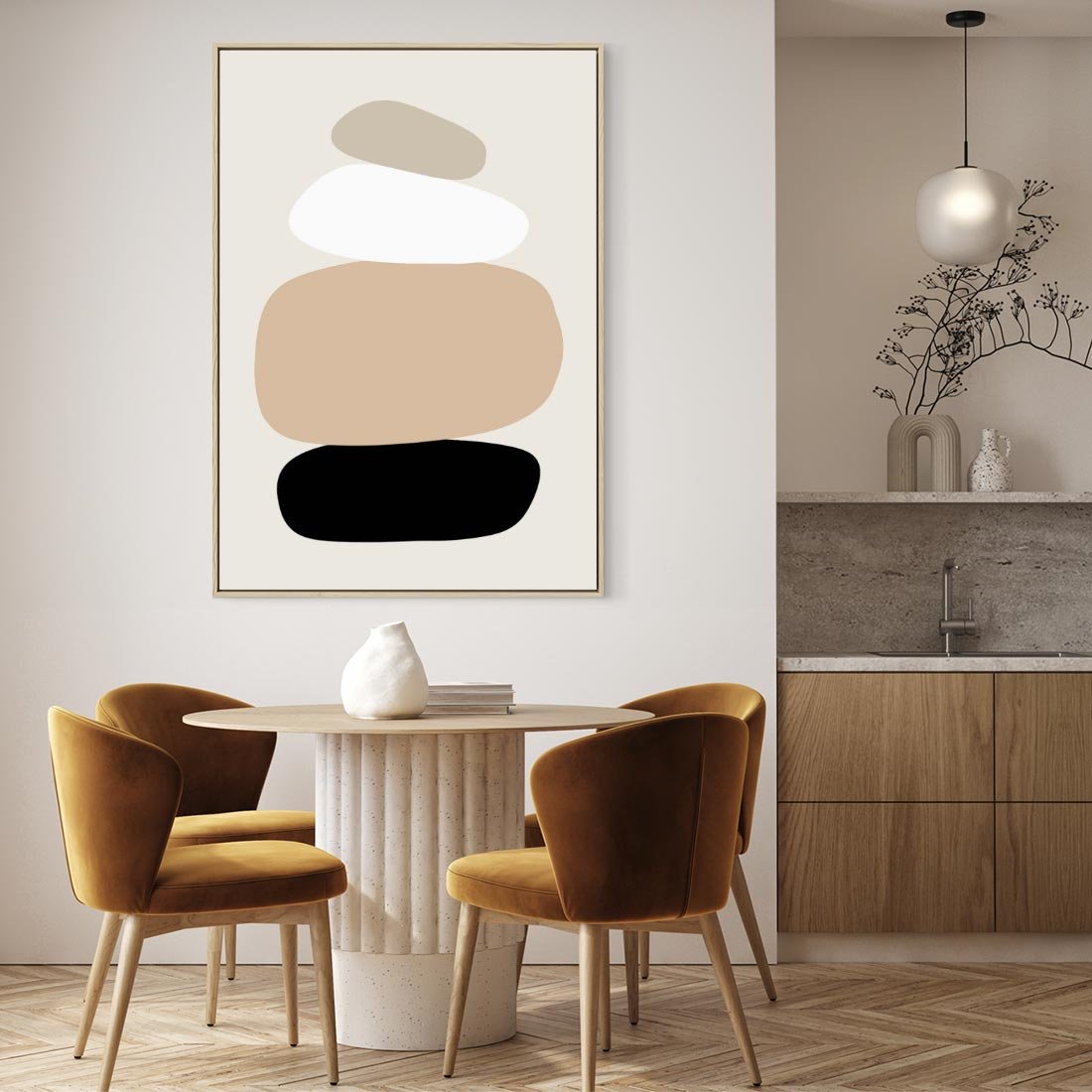 Obraz w ramie 80x120 - Zgeometryzowane Kształty - modernistyczny plakat, obłe kształty - rama drewno