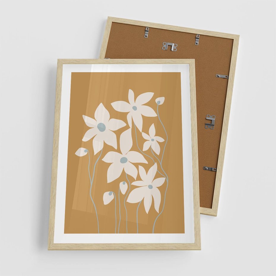 Plakat w ramie 50x70 - Kwiatowy Spektakl - minimalistyczne kwiaty, na pomarańczowym tle - rama drewno